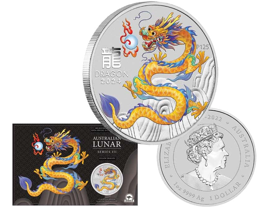 2024 ANDA Melbourne Money Expo Perth Mint Australian Lunar Series III-Year of the Dragon Yellow 1oz Silver Coloured Coin