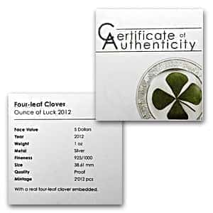 2012 Palau $5 Proof Silver Four-Leaf Clover Ounce of Luck