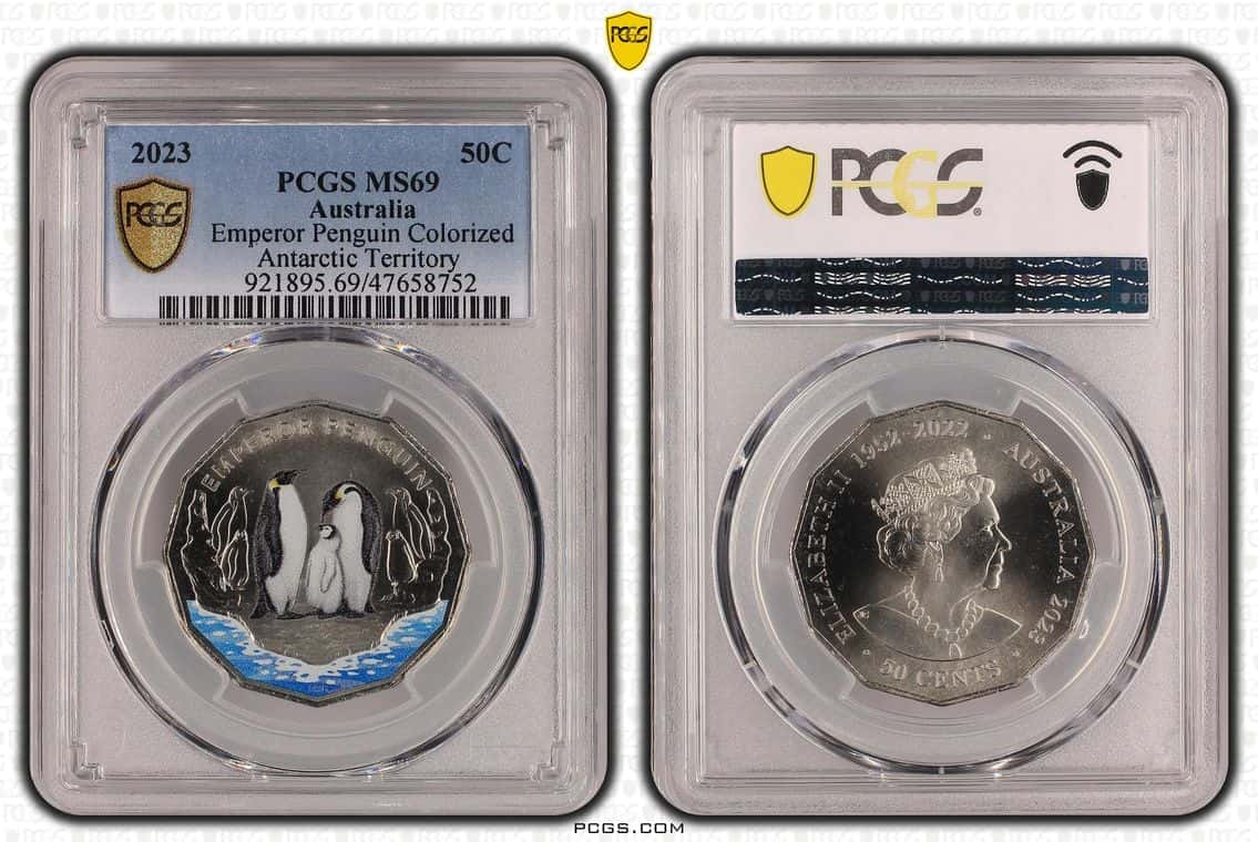 2023 50c Emperor Penguin Antarctic Territory MS69