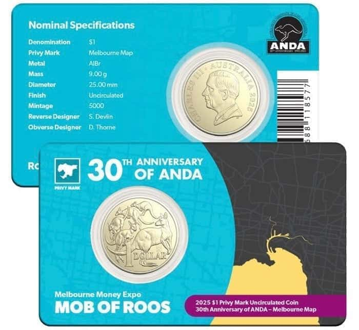 2025 ANDA Melbourne Money Expo - $1 Mob of Roos Melbourne Map Privy Mark Uncirculated Coin