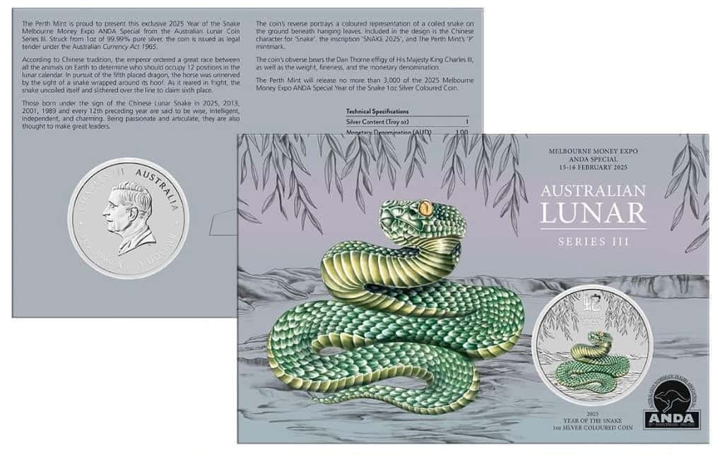 2025 ANDA Melbourne Money Expo - Year of the Snake 1oz Silver Coloured Coin Card