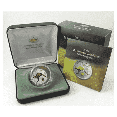 2005 $1 Selectively Gold Plated Silver Kangaroo Proof Coin