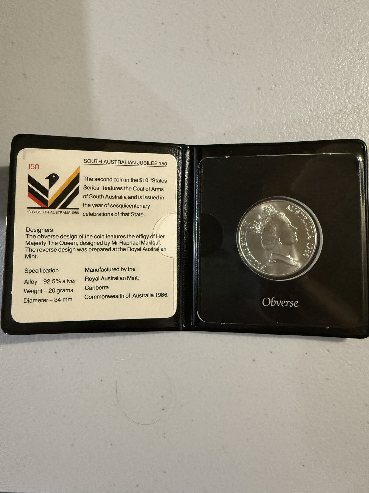 1986 10 Dollar Silver Unc Coin State Series - South Australia