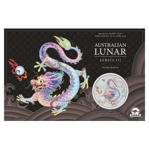 2024 Australian Lunar Series III Year of the Dragon 1oz Silver White Coloured Coin in Card - Brisbane Money Expo 2024