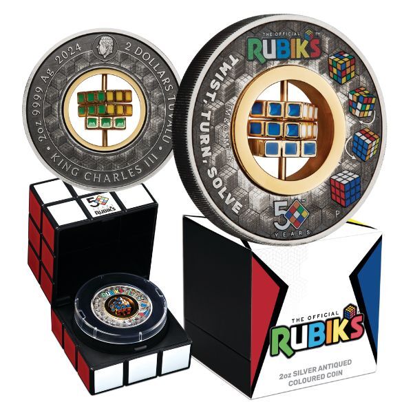 2024 Rubik’s™ Cube 50th Anniversary 2oz Silver Antiqued Coloured Coin